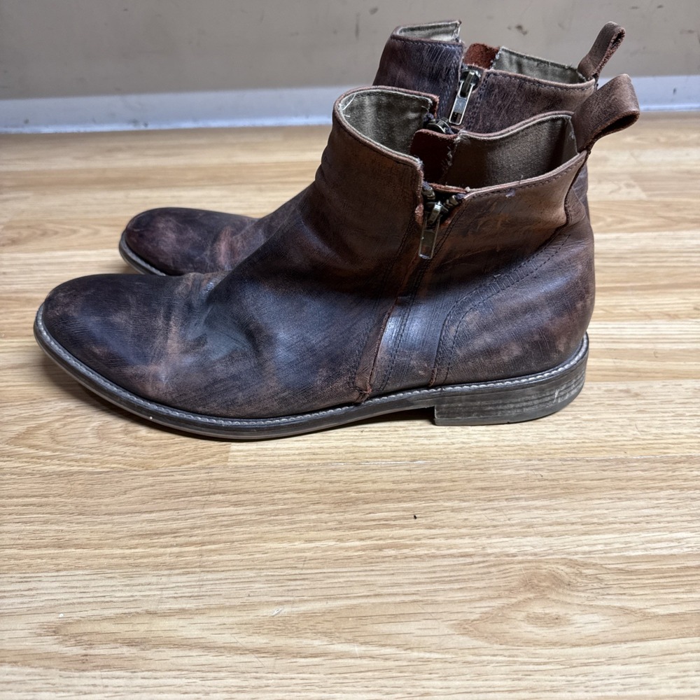 Aston Grey Helani Boots Men Sz 13 Distressed Brown Leather Preppy Ankle Zip Up